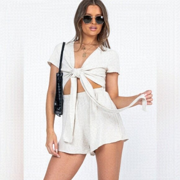 Princess Polly Tie Front Beige Tan Linen Romper Size 6 - Picture 1 of 16
